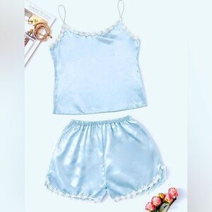 Satin Camisole & Shorts Pajama Set Light Sky Blue White Daisy Trim Size Small